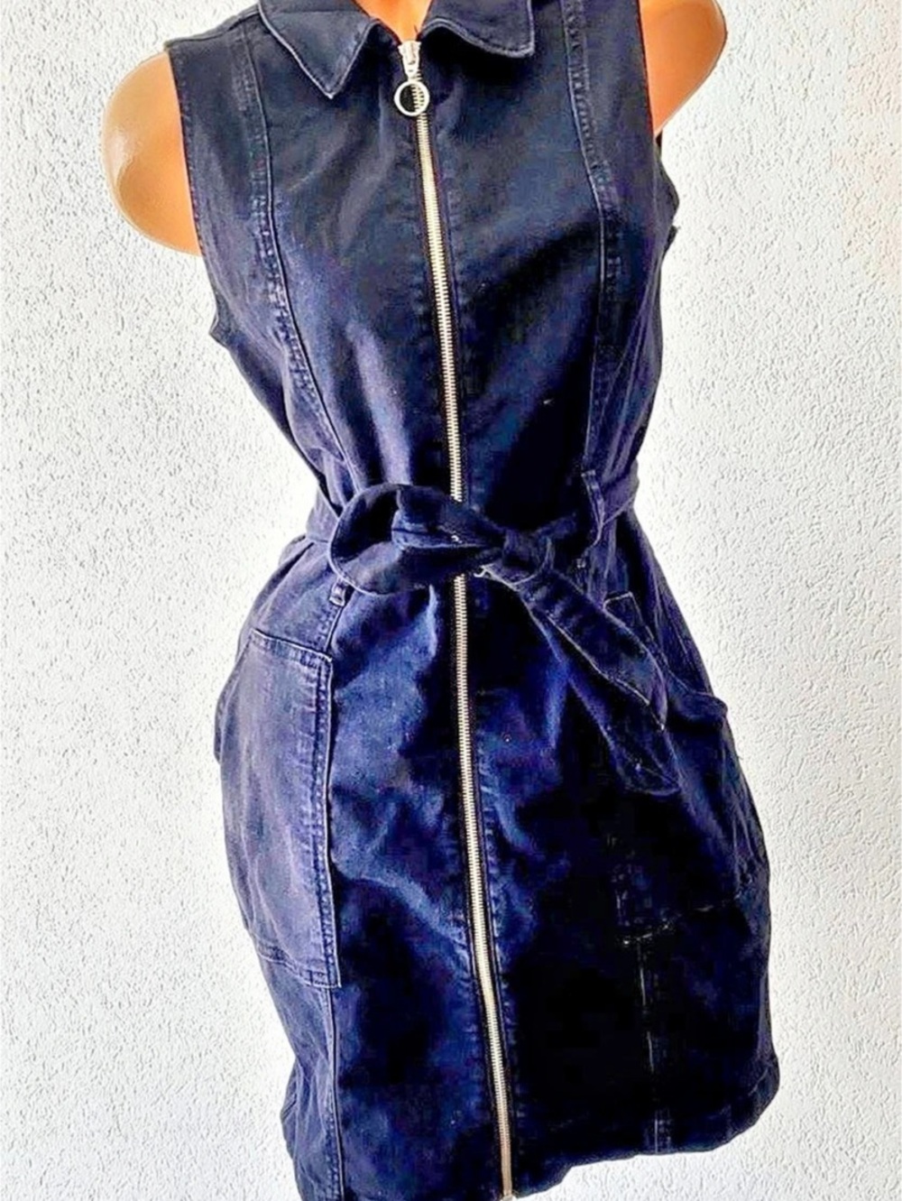 Topshop Black Denim Zip Front Utility Dress with Belt Black Mini Dress Side Pock